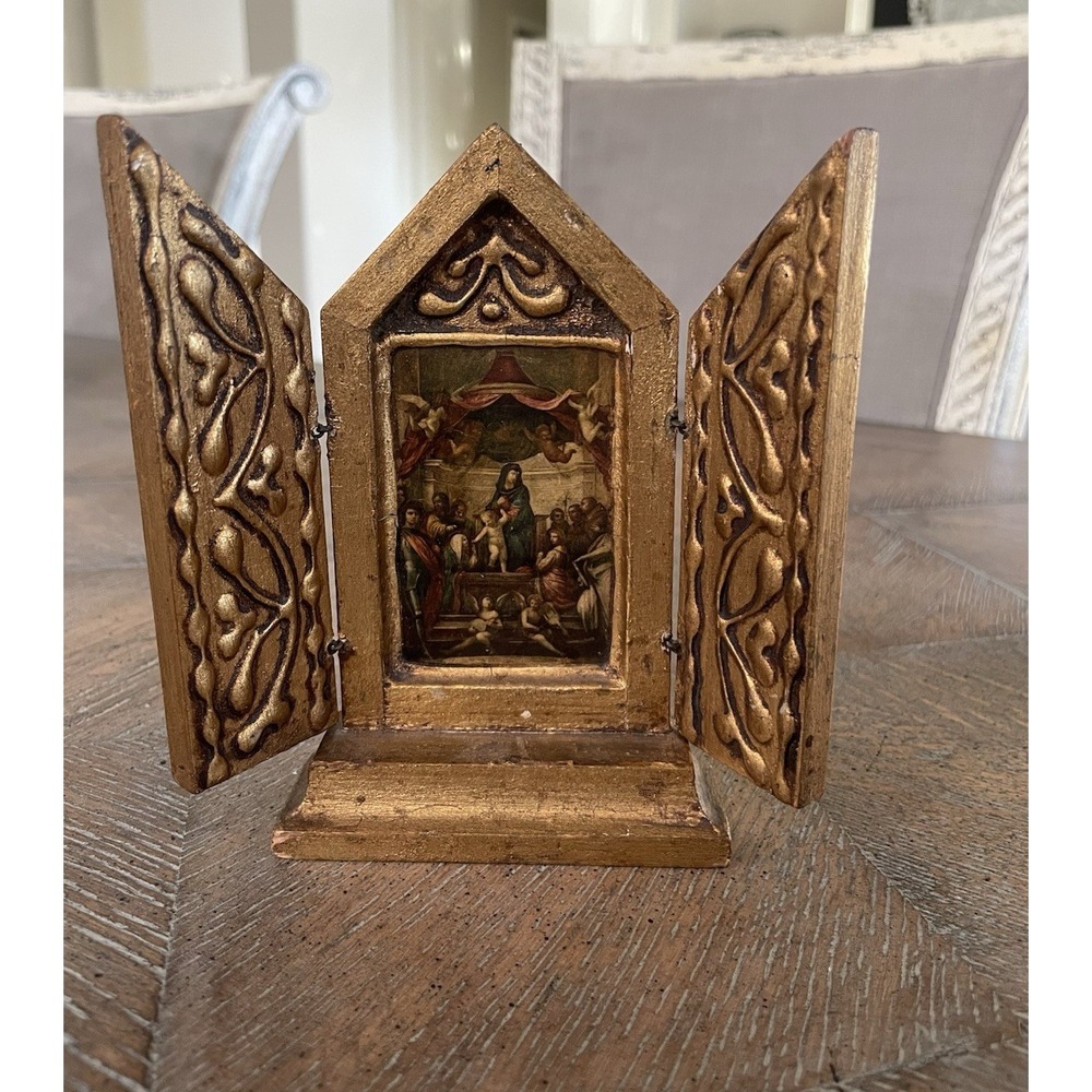 Vtg Gold Gilt Standing Alter Italian Florentine‎ Triptych Virgin on Throne 5.25" - Picture 2 of 11